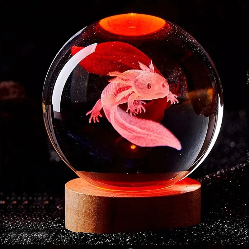 Whimsical 3D axolotl LED night light with crystal base, perfect for charming home decor or a kids room.