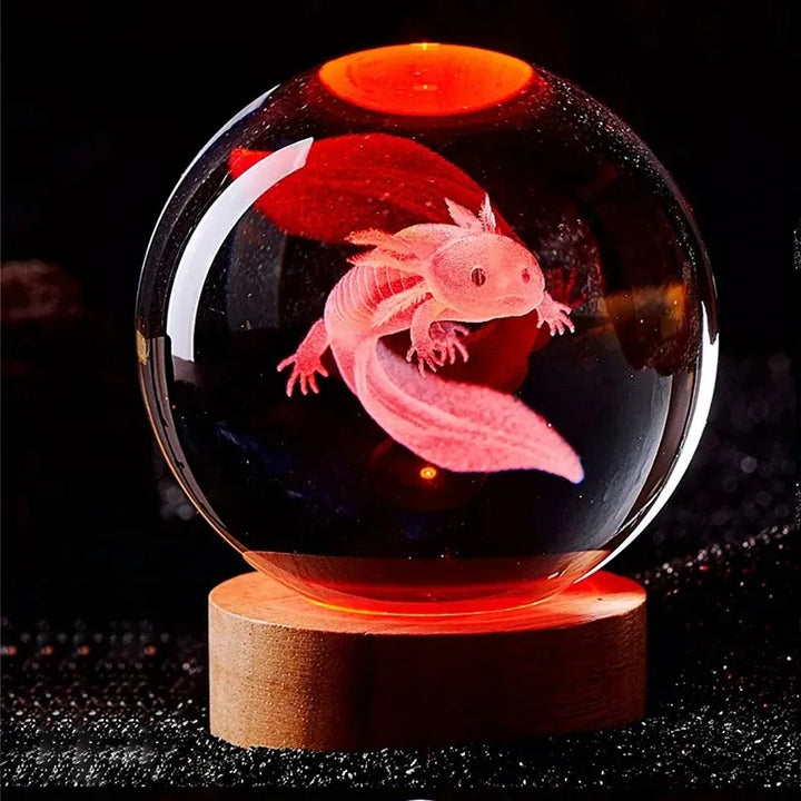 Whimsical 3D axolotl LED night light with crystal base, perfect for charming home decor or a kids room.