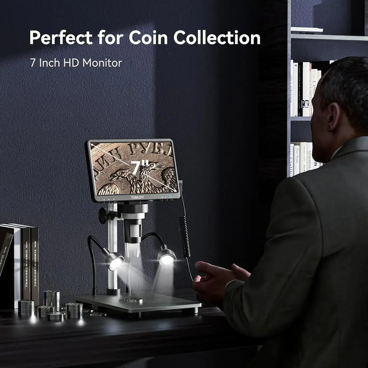 Digital microscope with 7-inch LCD for professional coin inspection, stamp analysis, and collectible detail.