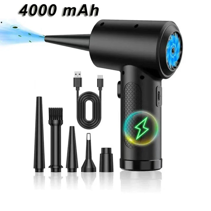 Efficient cordless electric air blower for electronics. Ideal for PC cleaning, keyboard duster, and car interior.