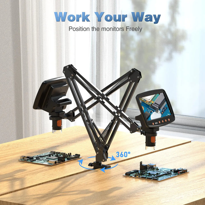 Heavy-duty metal arm stand for microscope mounting. Stable support for electronics repair & detailed inspection.