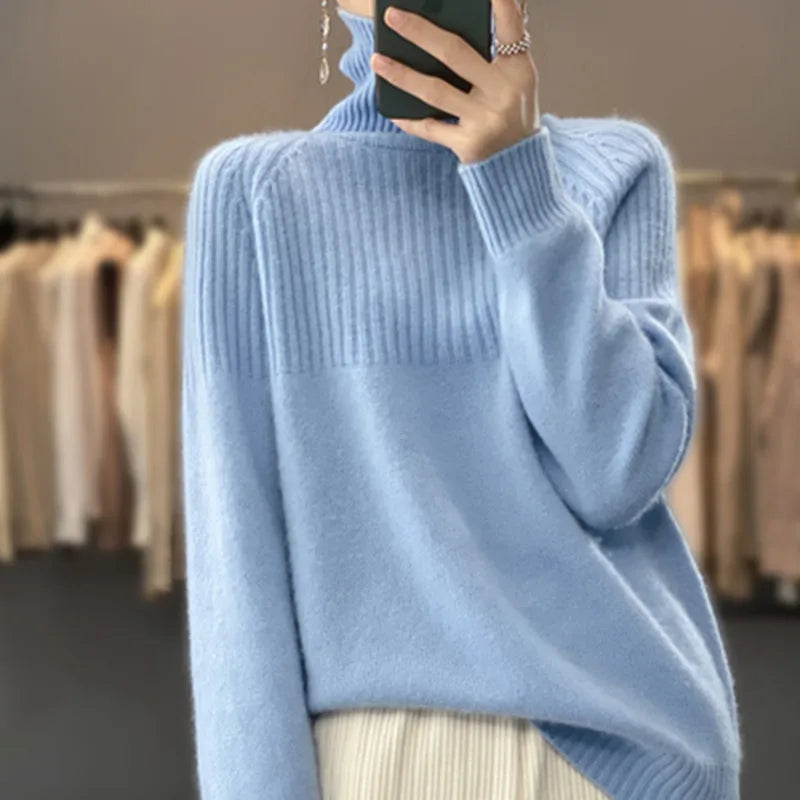 Women's cozy ribbed knit turtleneck sweater for fall & winter. Long sleeve pullover, perfect for warmth.