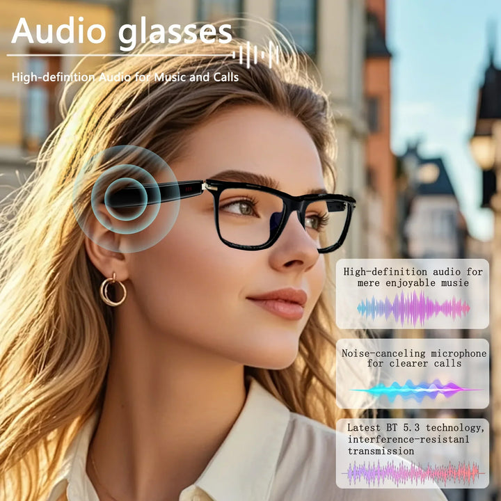 Photochromic adaptive lenses on unisex smart glasses automatically adjust to light, enhancing vision & comfort.