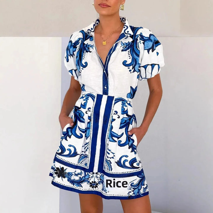 Women's vibrant floral puff sleeve mini sundress, perfect for summer casual wear.