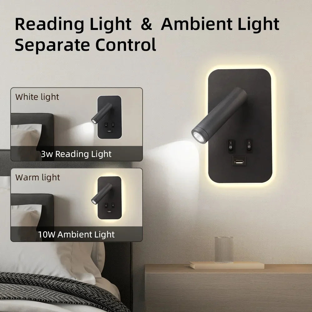 Wall-mounted modern LED lamp with integrated USB charging port, ideal as a bedside light & reading lamp.