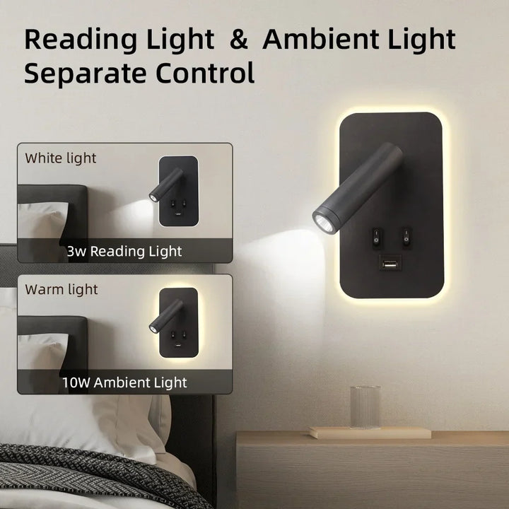 Wall-mounted modern LED lamp with integrated USB charging port, ideal as a bedside light & reading lamp.