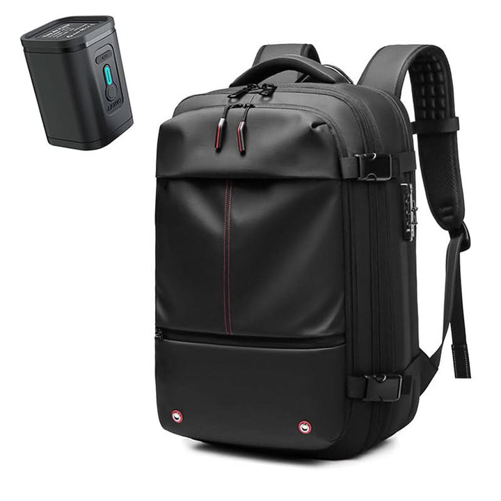 Detail of the vacuum compression system on the smart travel laptop backpack, maximizing packing space.