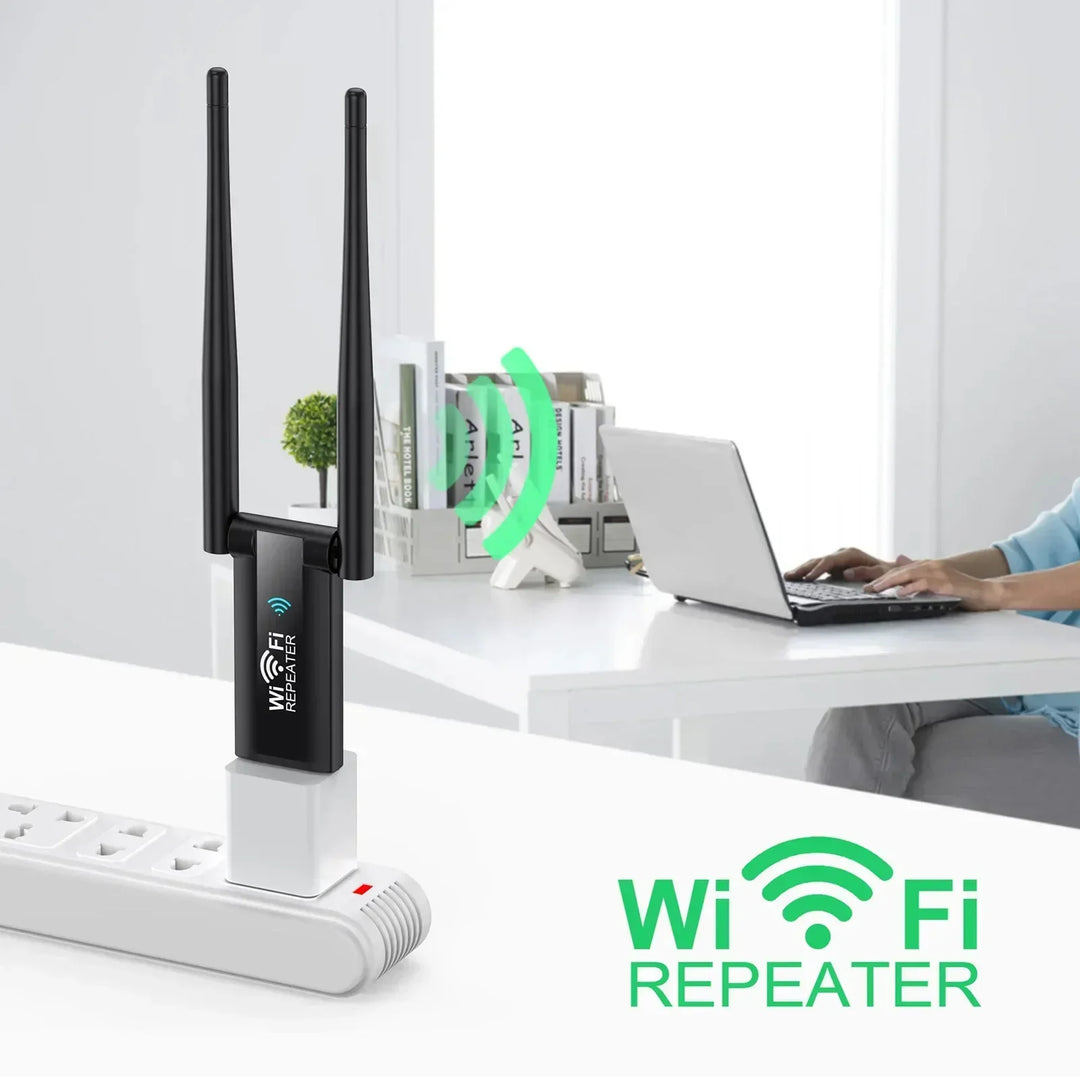 USB powered WiFi repeater & signal booster to eliminate dead zones, boosting home network connectivity up to 300Mbps.
