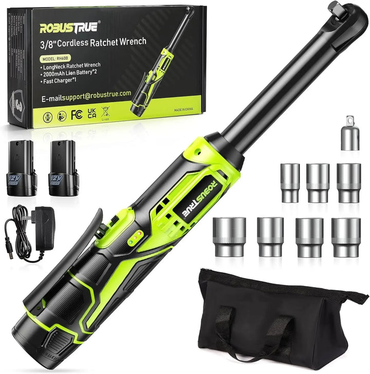 Cordless 3/8-inch electric ratchet wrench with variable speed, extended reach, ideal for automotive & DIY.