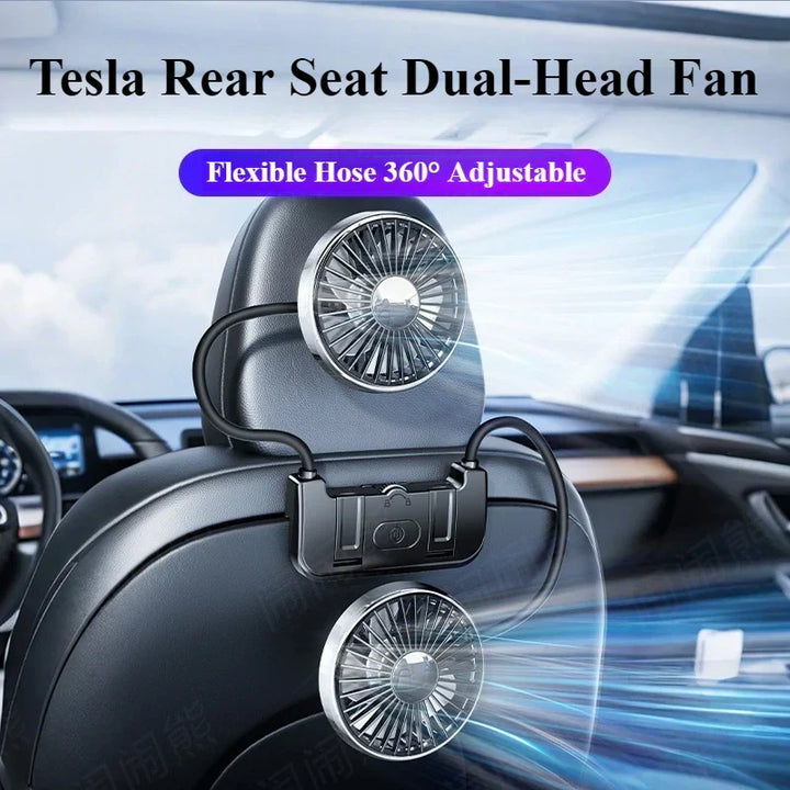 Compact USB-C dual-head car fan, easily attaches to backseat for strong, adjustable airflow and passenger comfort.