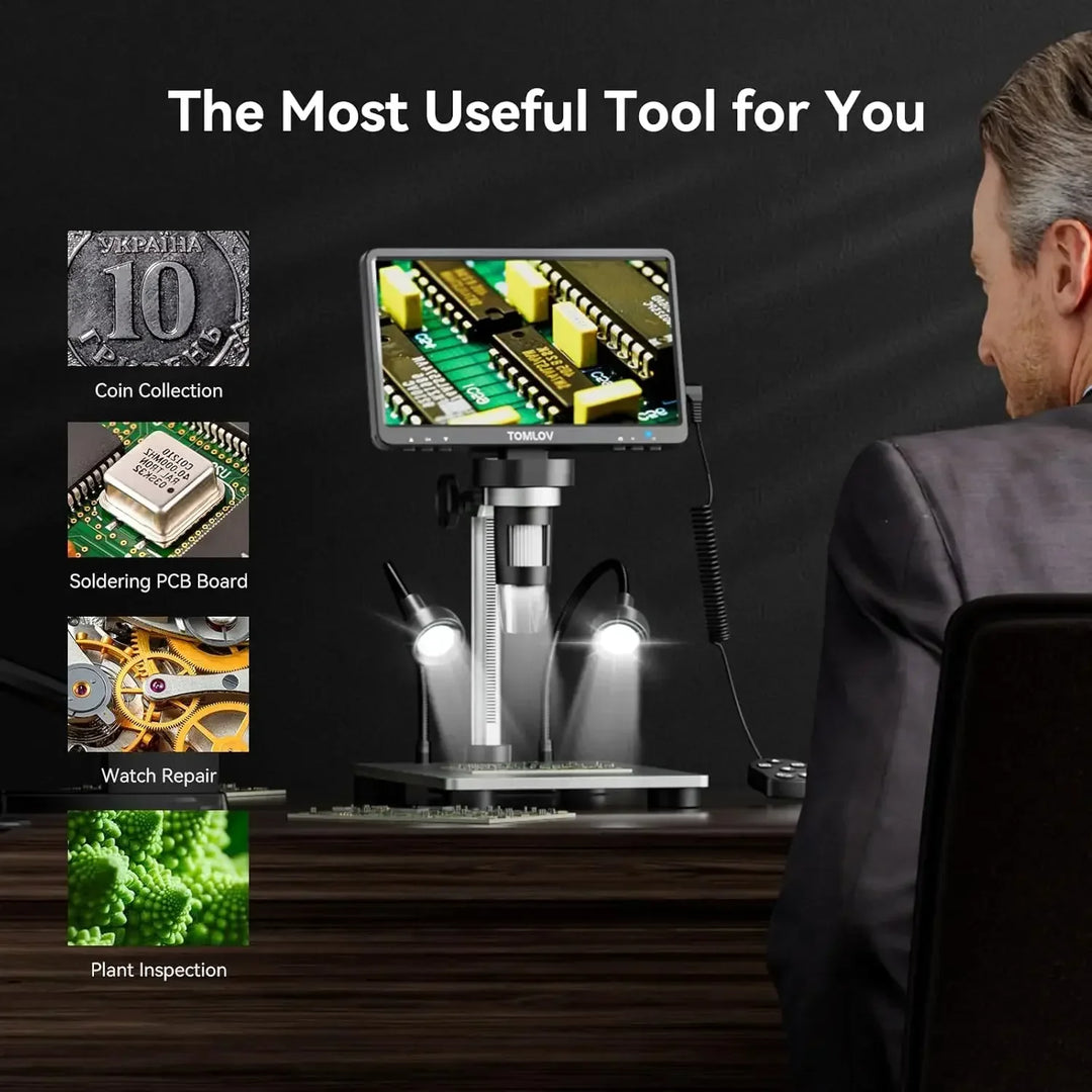 Magnifier tool: 7-inch LCD digital microscope for workshop use, electronics assembly & quality control.