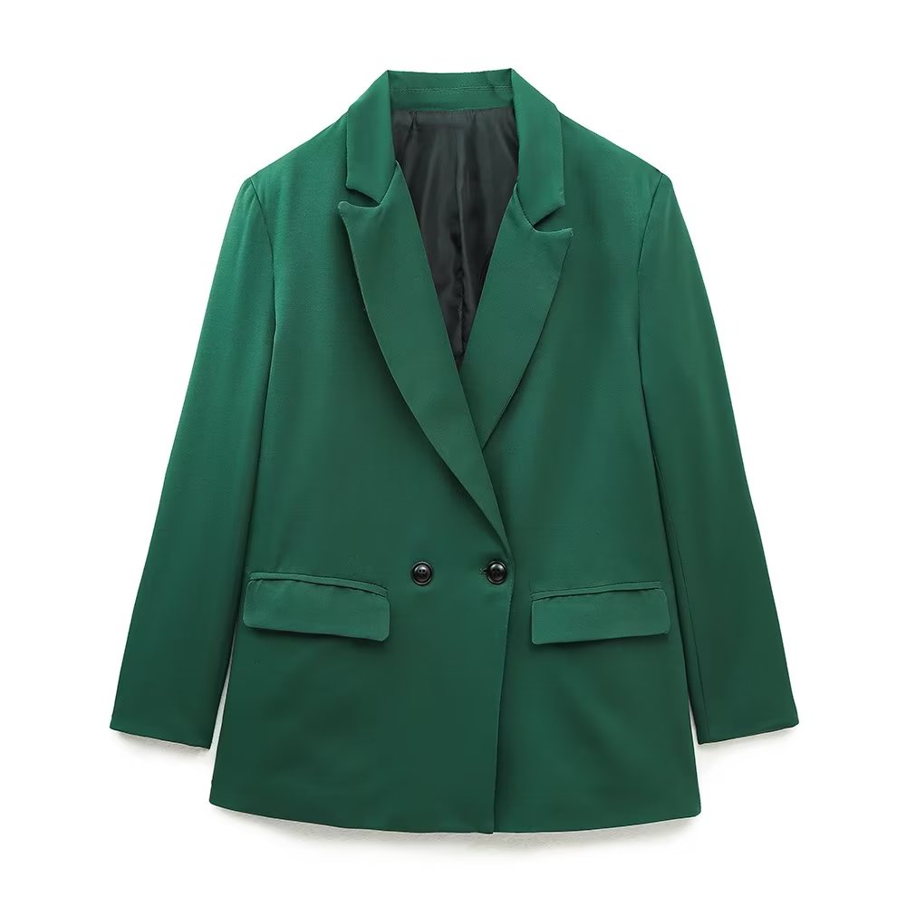 Chic women's double-breasted blazer, a staple for modern business casual fashion.