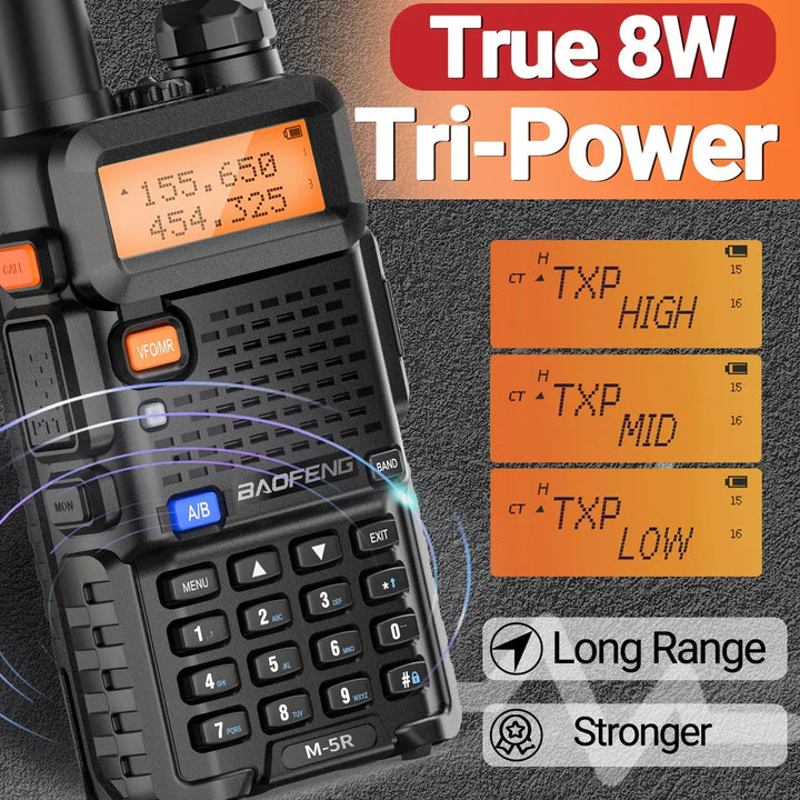 Ergonomic 8W long-range two-way radio, easy to hold for portable outdoor gear & ham radio communication.