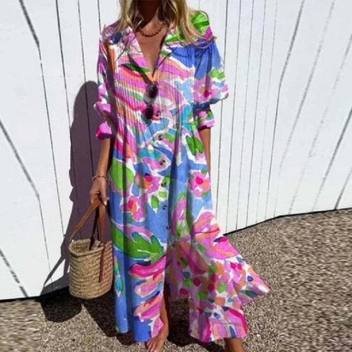 Floral print flowing boho maxi dress for women, ideal for a romantic summer look.