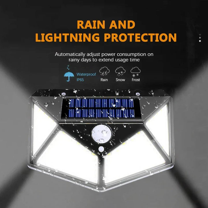 Solar-powered LED security light, motion sensor, for outdoor wall mounting in garden, patio, or driveway.