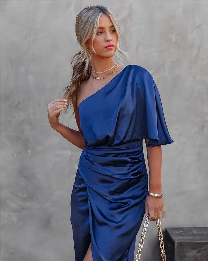 Elegant women's asymmetrical off-shoulder midi dress, perfect for evening parties & special occasions.