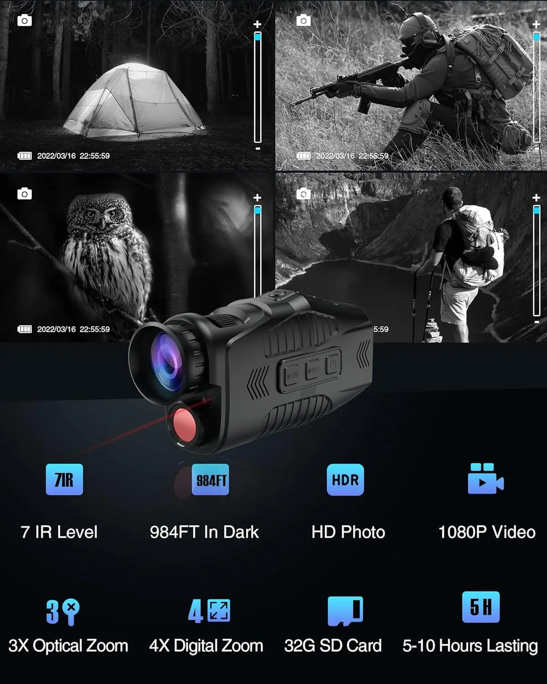Portable digital night vision monocular with infrared for surveillance and outdoor security.