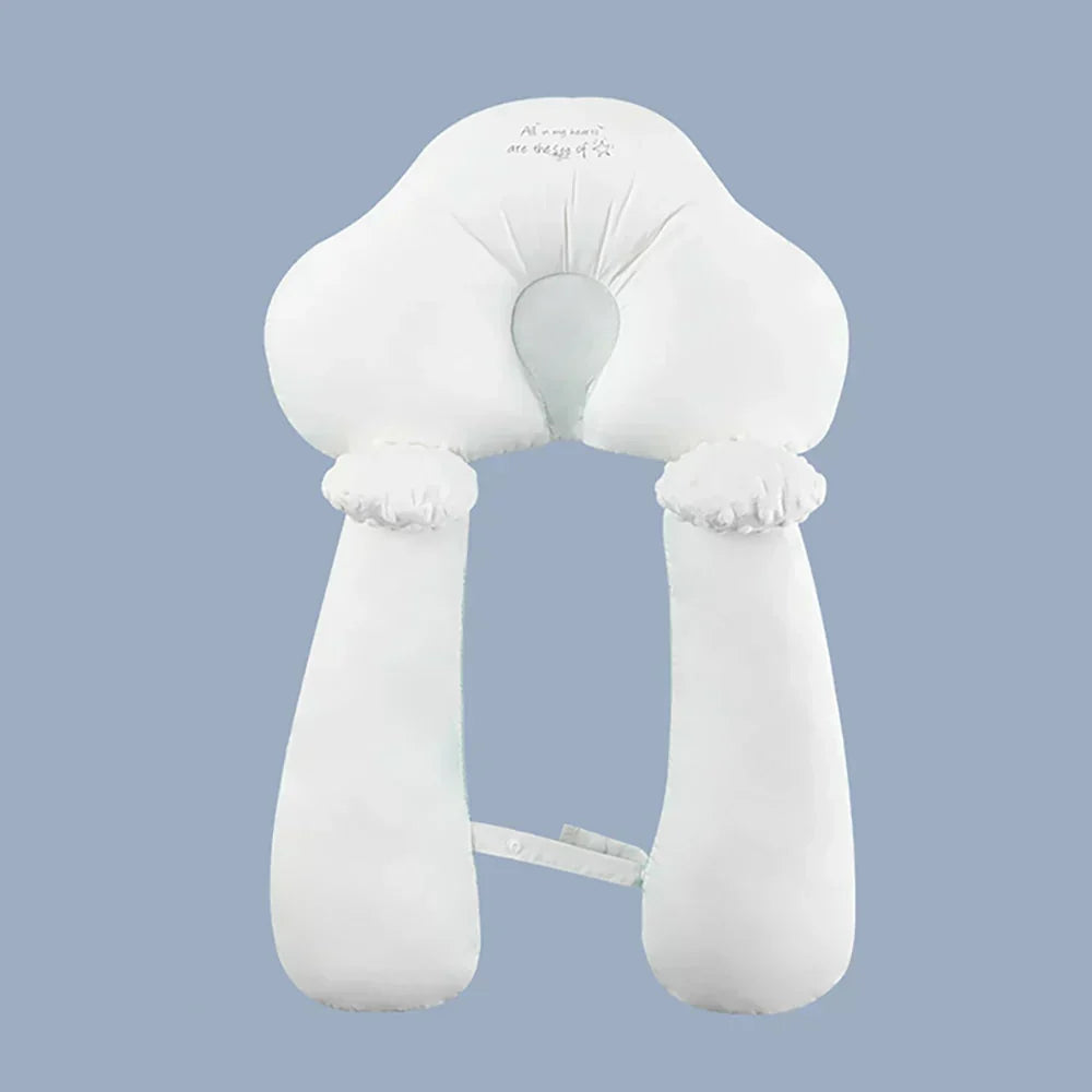 Infant organic cotton head support pillow, U-shape design for gentle sleep and newborn comfort.
