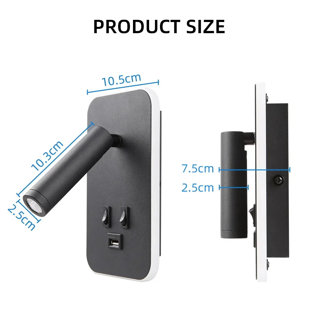 Modern LED wall lamp, bedside reading light with USB, rotatable head, hardwired for sleek bedroom lighting.