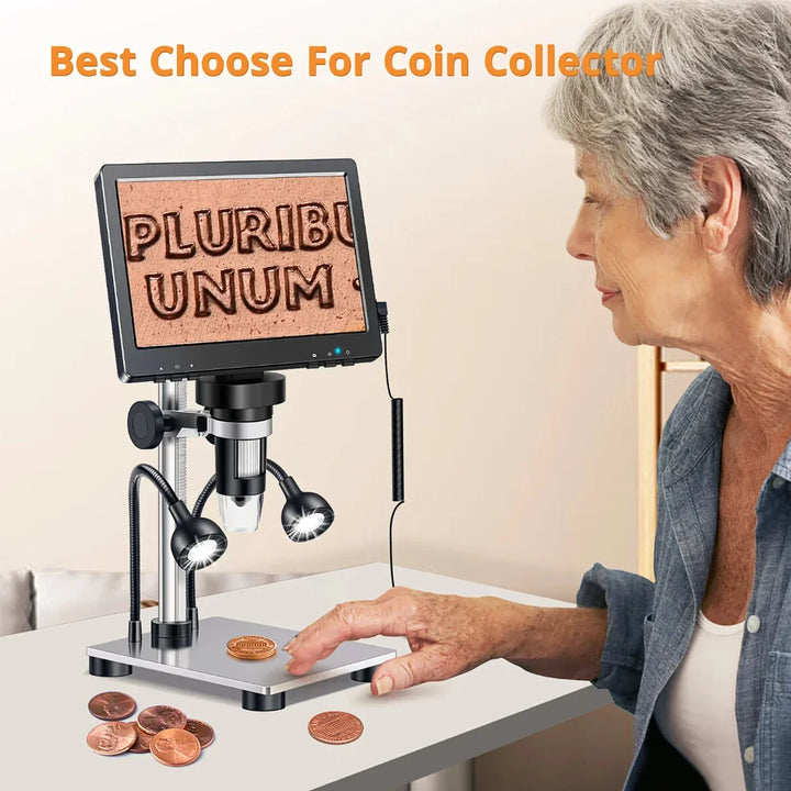 High-magnification digital microscope with 7-inch display & 1200X zoom for intricate inspection tasks.