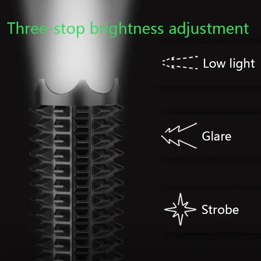 Adjustable focus LED flashlight, heavy-duty telescopic design for camping & emergency preparedness.
