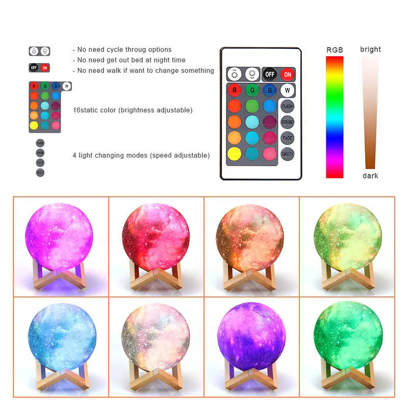 Versatile moon lamp with remote, 16 color changing LED night light, perfect for bedroom decor & ambient lighting.