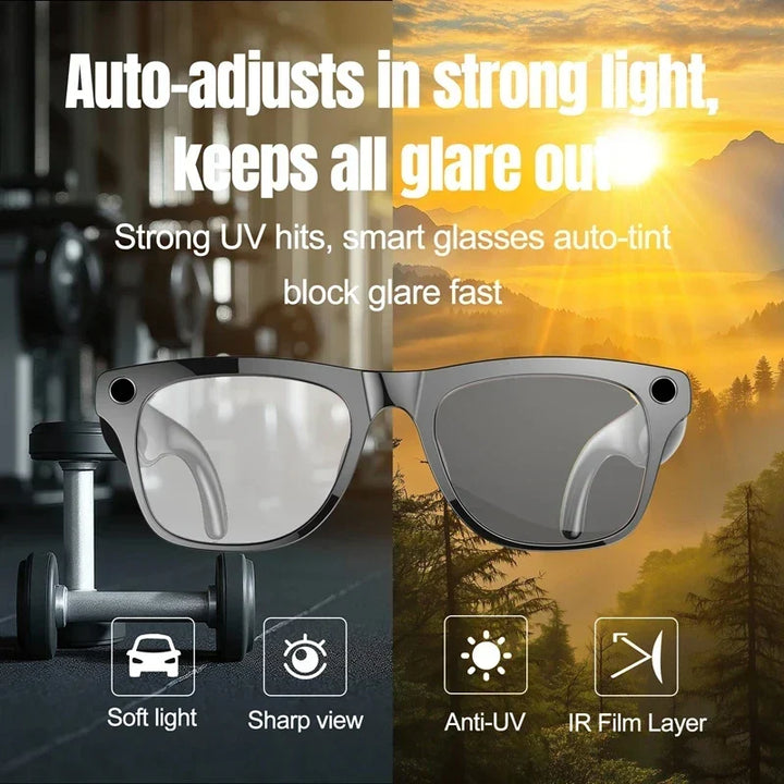 Unisex smart eyewear for recording video, listening to music & enjoying adaptive photochromic sun protection.