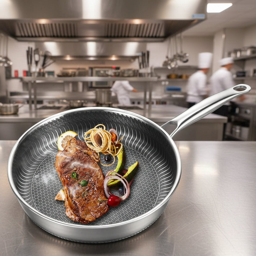 Versatile stainless steel frying pan. Induction ready and oven safe, perfect for home chefs.
