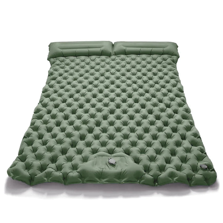 Deflating & rolling dual camping air bed. Easy pack-up portable travel mattress with integrated pump.