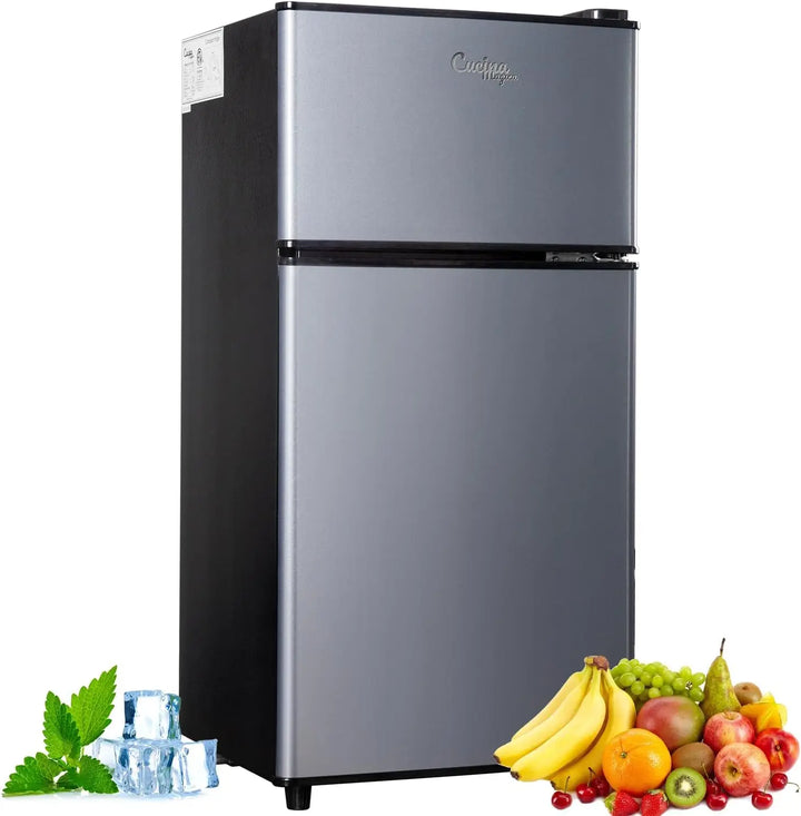 Compact 2.9 Cu.Ft dual-door mini fridge with separate freezer compartment, providing versatile food storage.