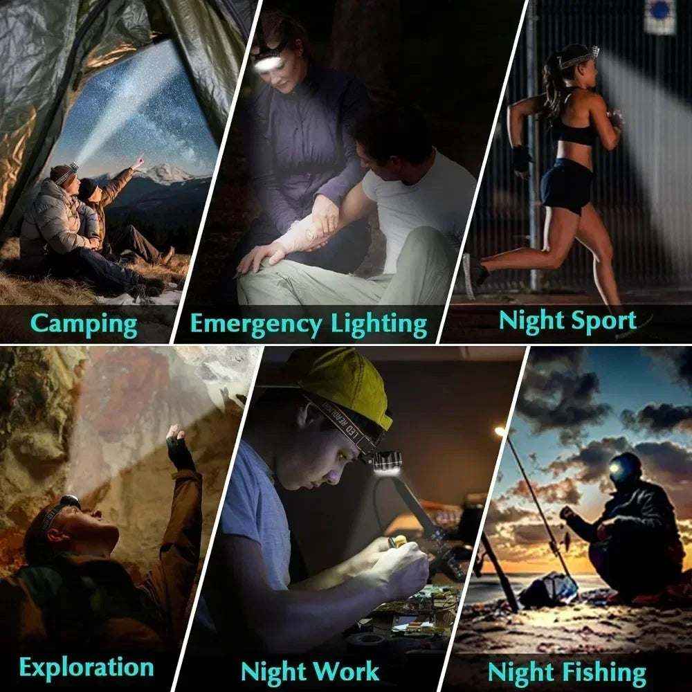 High-power rechargeable LED headlamp, delivering bright, hands-free light for all outdoor adventures: camping, hiking, fishing.