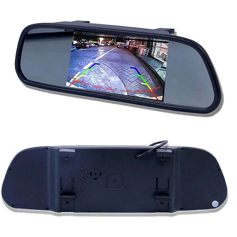 Close-up of 5-inch HD car monitor displaying a clear backup camera view for safe parking.