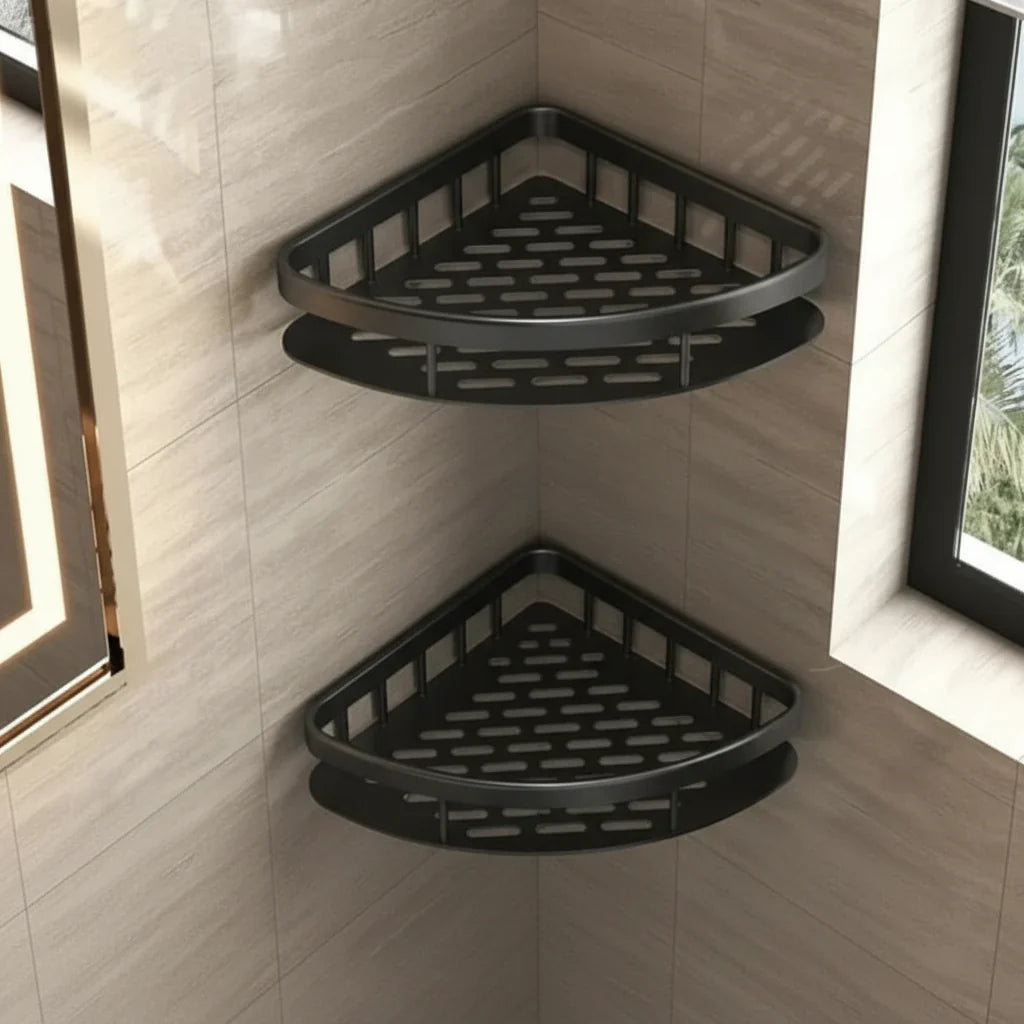 Adhesive shower caddy. Drill-free bathroom shelf for shampoo, soap, and bath accessories.