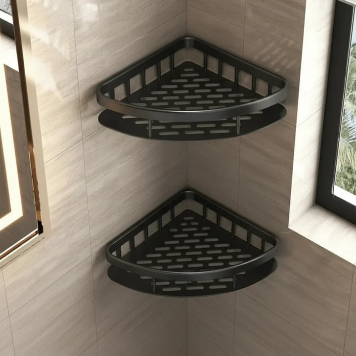 Adhesive shower caddy. Drill-free bathroom shelf for shampoo, soap, and bath accessories.