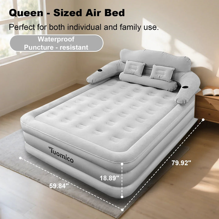 Durable inflatable camping mattress with built-in headboard for enhanced comfort during outdoor sleeping.