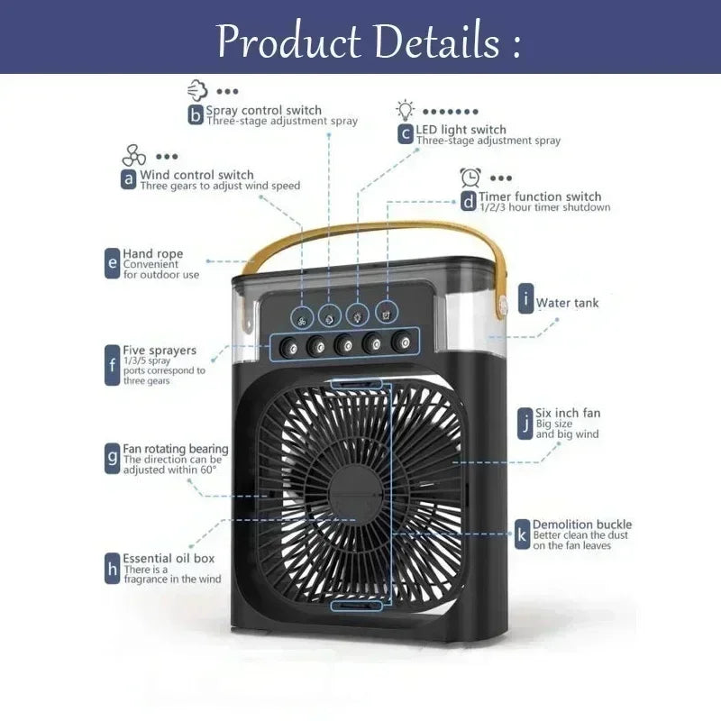 Mini portable air cooler fan with USB power. Functions as humidifier & LED light for personal space cooling.
