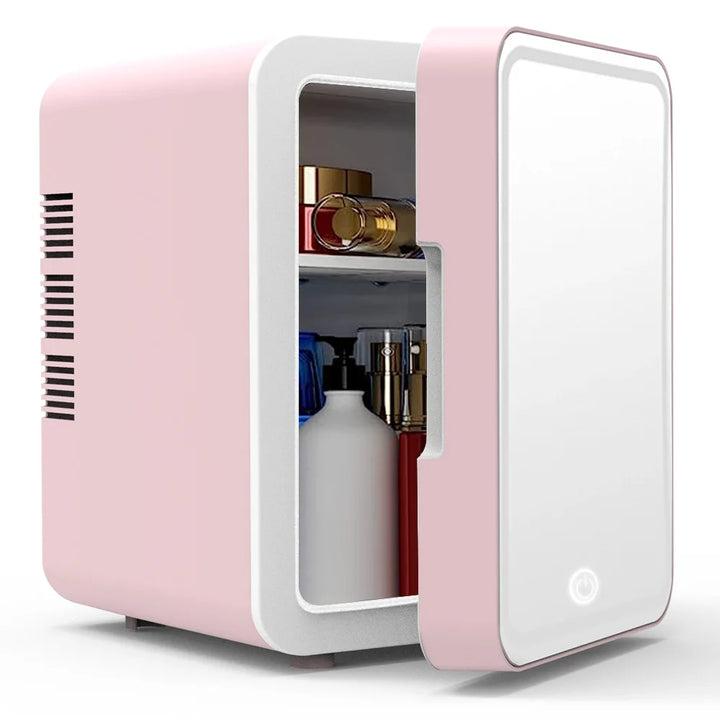 Unisex 4L mini beauty fridge with LED light, perfect for chilling skincare products, makeup, and cosmetics.