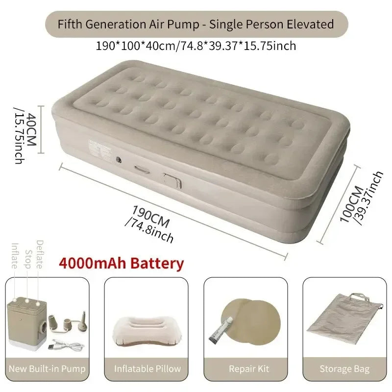 Double self-inflating air bed featuring a powerful built-in pump for quick inflation. Portable camping comfort.