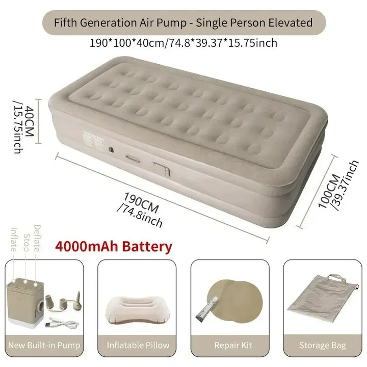 Double self-inflating air bed featuring a powerful built-in pump for quick inflation. Portable camping comfort.