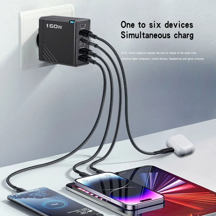 Multi-port 160W USB-C power hub. Fast charges multiple devices simultaneously via Type-C & USB ports.