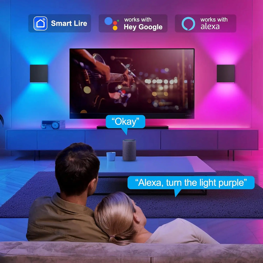 Weather-resistant smart LED wall lights (set of 2) with app & voice control, ideal for exterior home lighting.