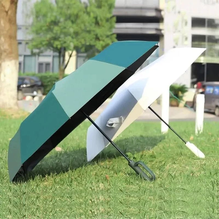 Compact automatic travel umbrella, closed & ready for travel, portable windproof & UV protection.