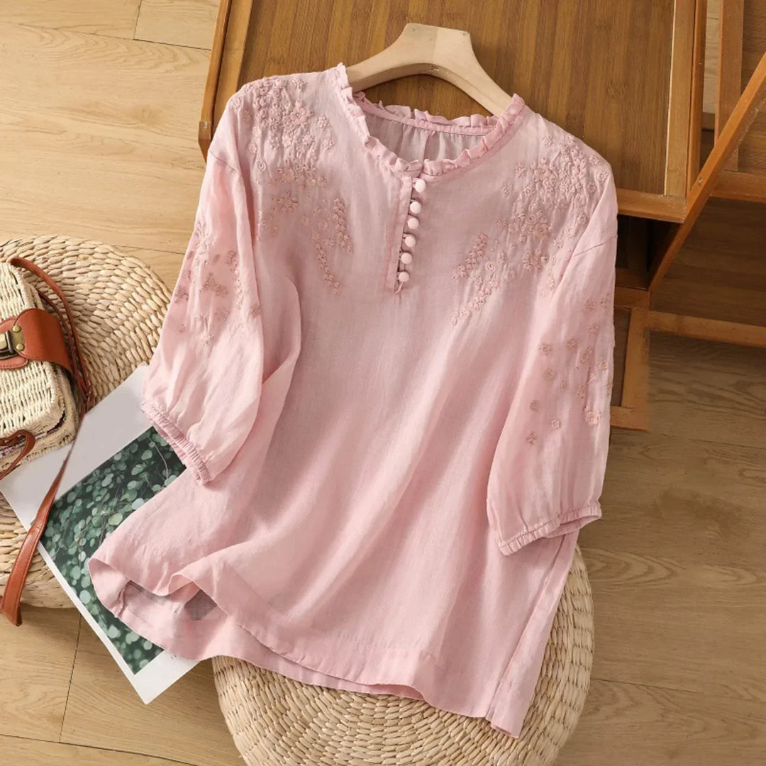 Stylish women's blouse featuring intricate embroidery, button-front design, and a comfortable relaxed fit.