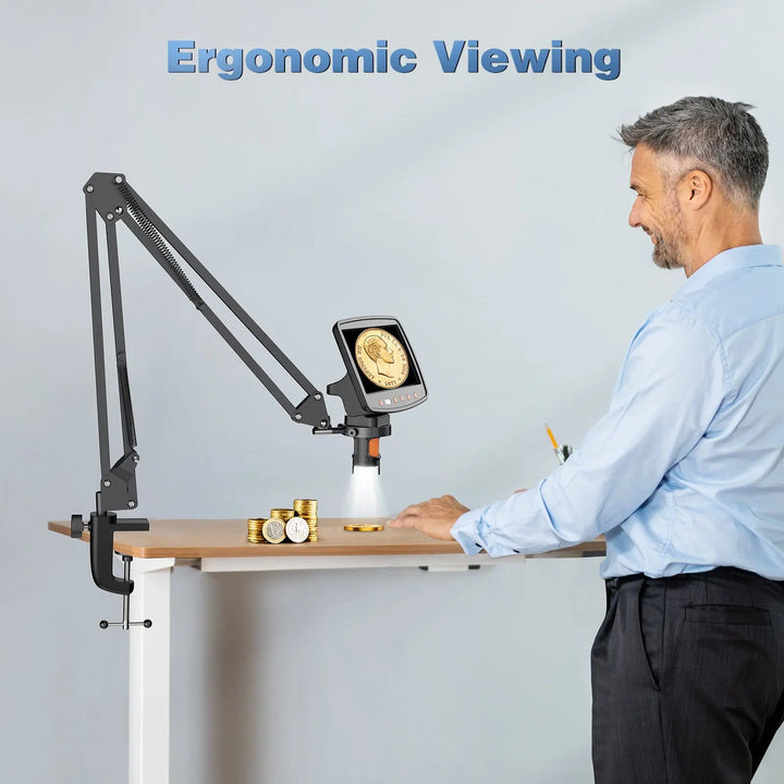Hands-free metal arm stand for coin microscope. Ideal for detailed inspection & electronics repair workbench.