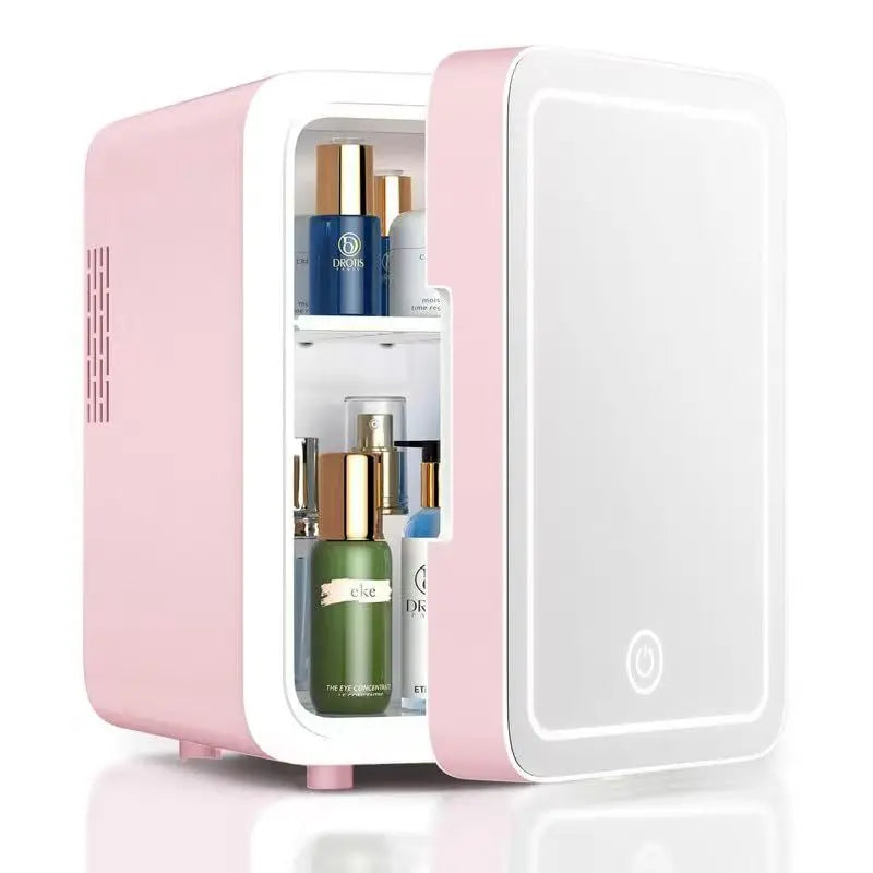 Compact 4L portable beauty fridge with LED light, perfect for travel, skincare & makeup cooling.