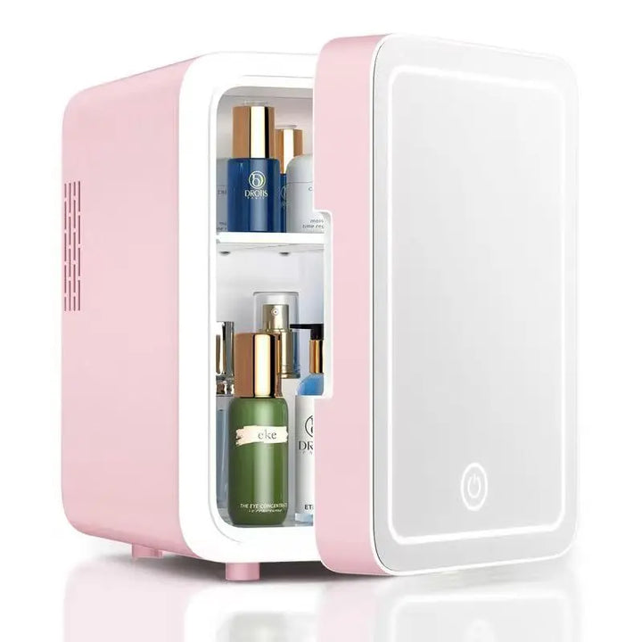 Compact 4L portable beauty fridge with LED light, perfect for travel, skincare & makeup cooling.