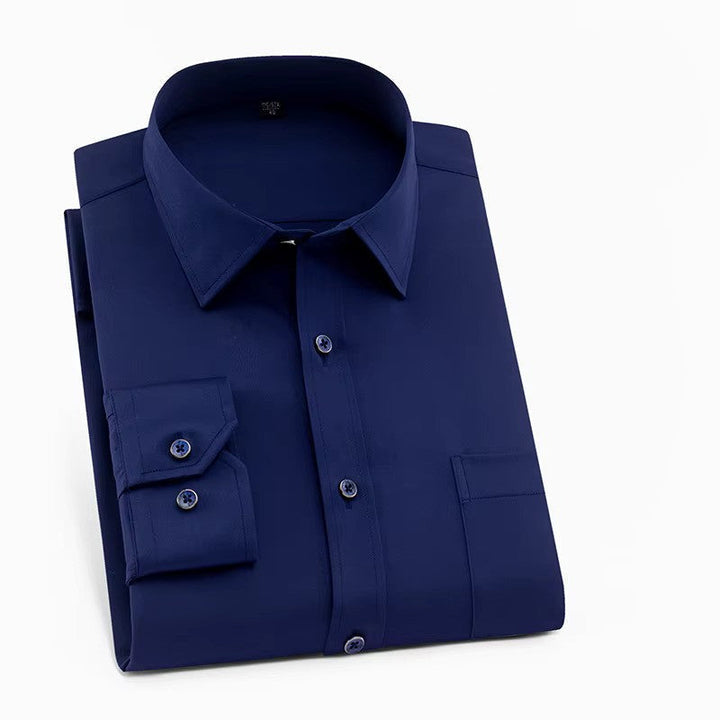 Front view of a men's button-front smart casual shirt. Long sleeve, classic fit, comfortable menswear.