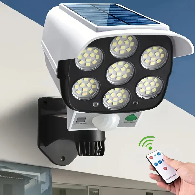 Wireless solar motion sensor LED floodlight, perfect for garden and pathway security lighting.
