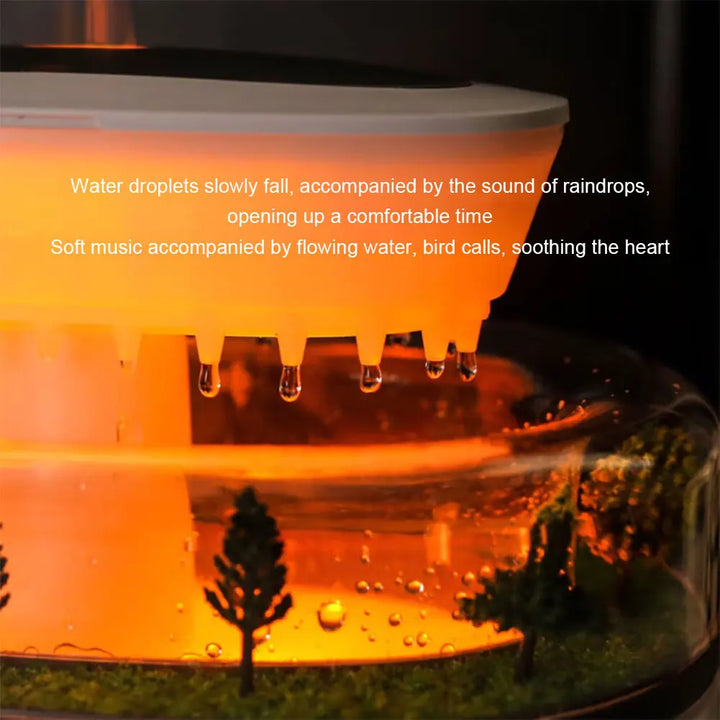 Elegant white aromatherapy humidifier, LED rain sound diffuser for serene home decor and ultimate relaxation.