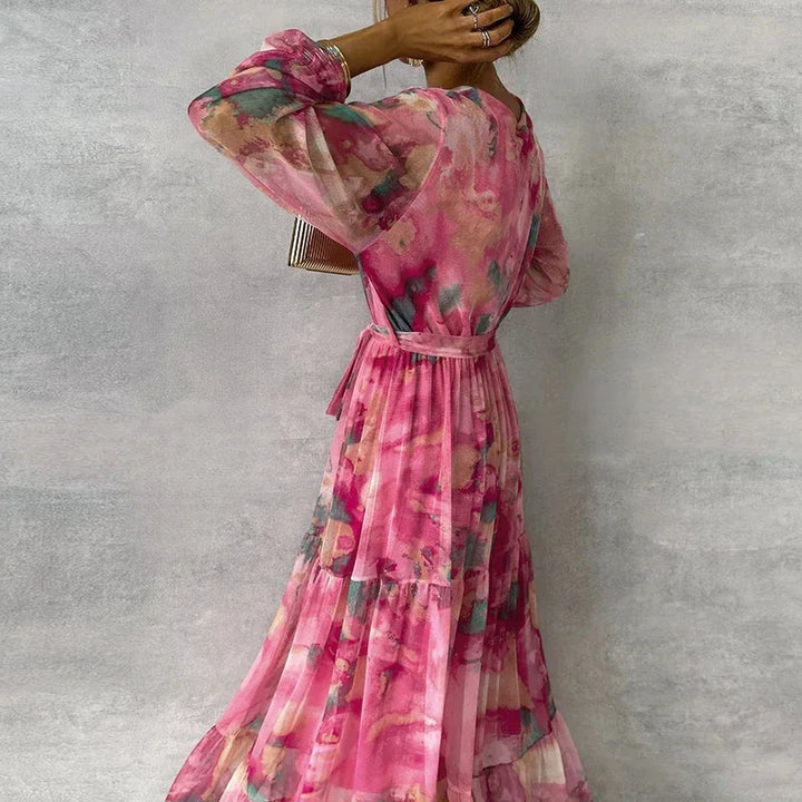 Beautiful women's floral print maxi dress. Flowy, elegant long dress for classic summer fashion events.